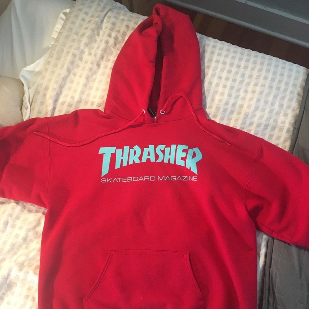 Red Thrasher Hoodie With Turquoise Lettering!